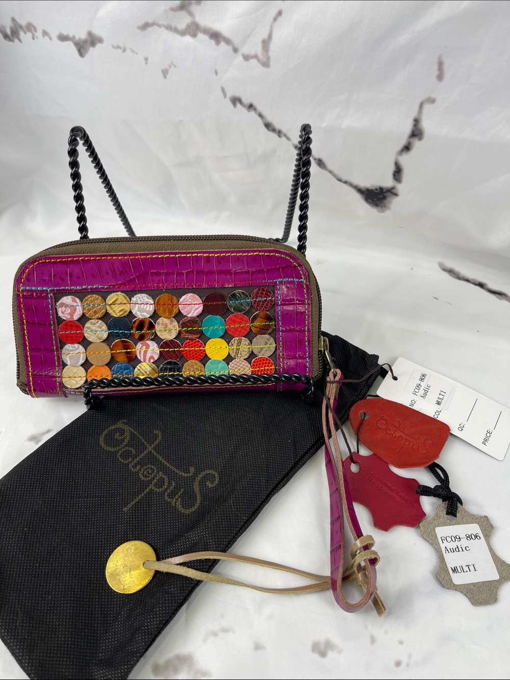 Octopus Audic Leather Zipper Wristlet Wallet Stitched Applique Cutouts On Fabric